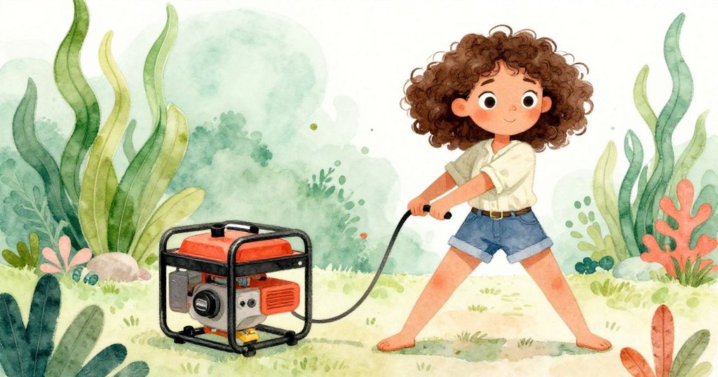 Lara屏息拉扯起動繩，動作流暢且充滿期待，身旁有散落的裝飾用玻璃珠和宣傳單，背景溫暖明亮。