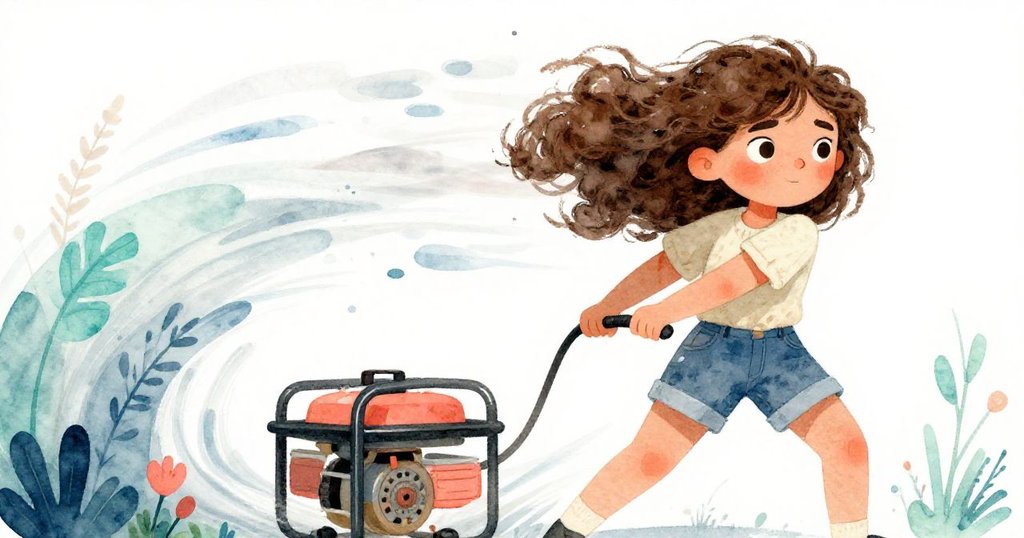 風起時Lara堅定站立，用腳頂住框架拉動起動繩，發動機輕微震動，她神情堅毅動作果斷。