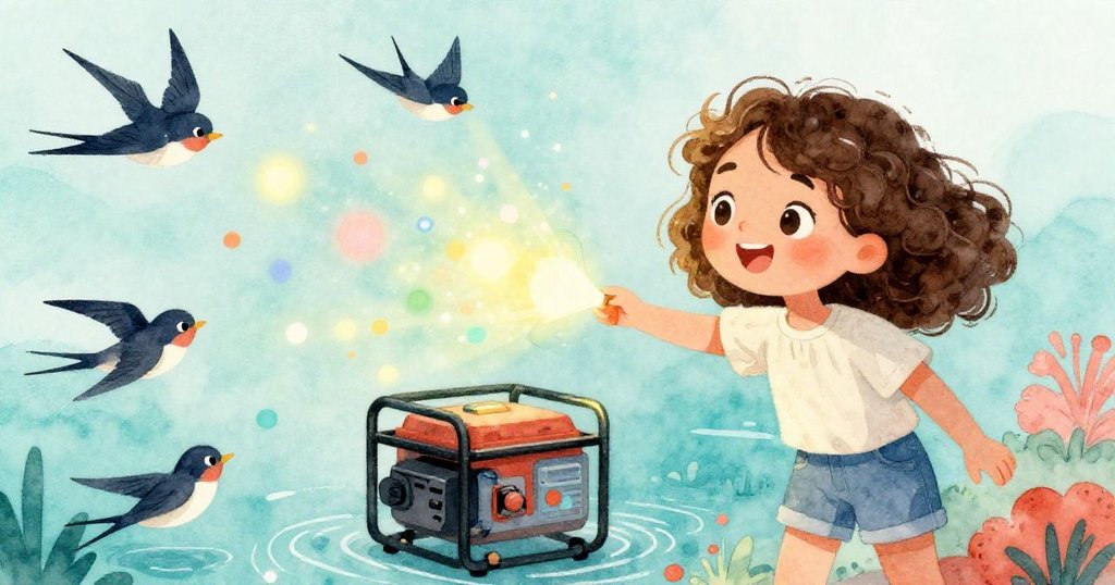 Lara滿意欣賞彩燈映照在水面上，燕子在燈光下歡快舞動，她臉上洋溢著溫暖與驚喜。