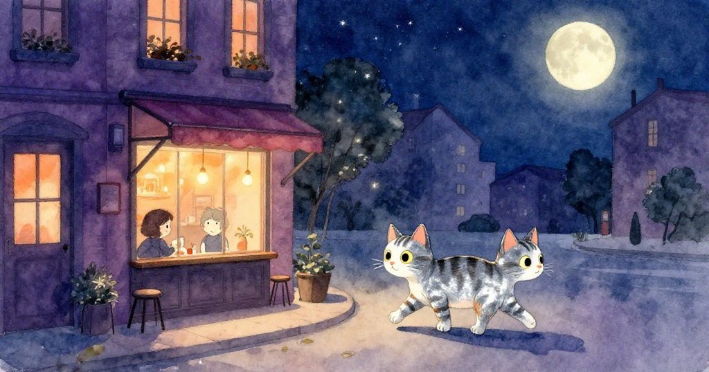 夜幕下，條紋貓輕盈行走在寧靜街道，遠處小咖啡館透出溫暖燈光，展現期待情緒。