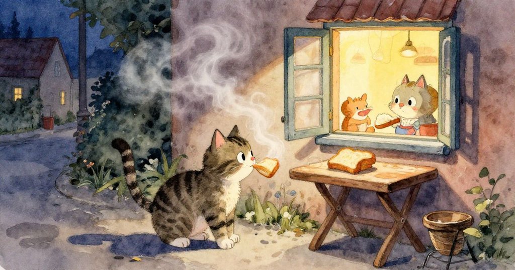 條紋貓特寫，眼中閃爍著好奇與決心，窗外蒸氣繚繞，散發期待與精力充沛的情感。