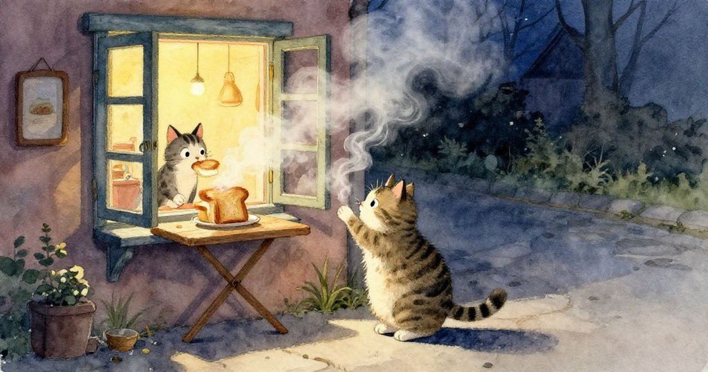 瓷杯傾倒，牛奶沿光滑磚地形成細長光跡，周邊散落麵包屑，牆上暖光爐散發溫暖情調。