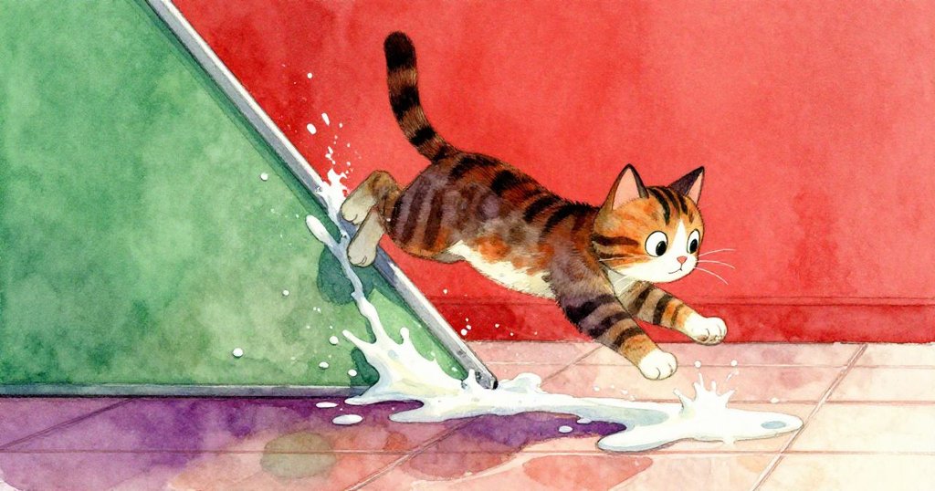 被牛奶濺起驚嚇的條紋貓迅速攀爬傾斜金屬板，身姿敏捷充滿動感，現場充滿急促緊張情緒。