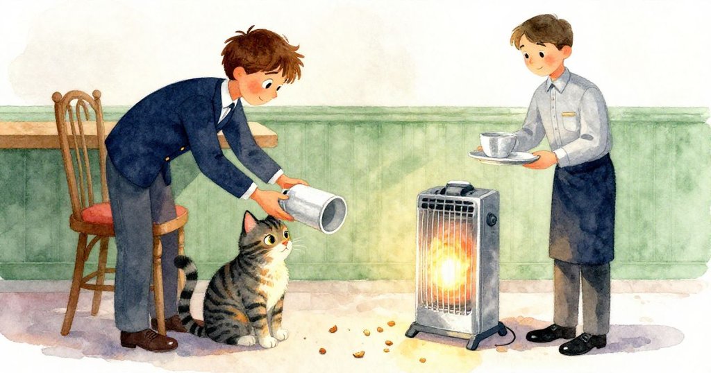 服務生彎身取回滾動的瓷杯，條紋貓安坐暖爐旁享用麵包屑，互動呈現事故後的平和與恢復。