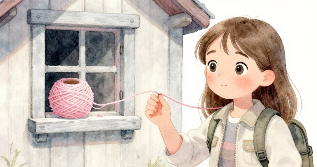 佐伊俯身檢查斷裂鞋帶，窗內淡色纏線映出小屋溫馨光影，神情專注。