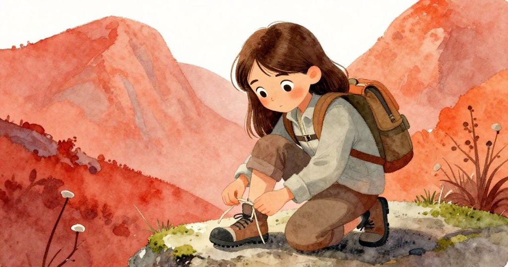 從低角角度看見佐伊俯身用淡色纏線修鞋帶，神情堅定，山林背景充滿生機。