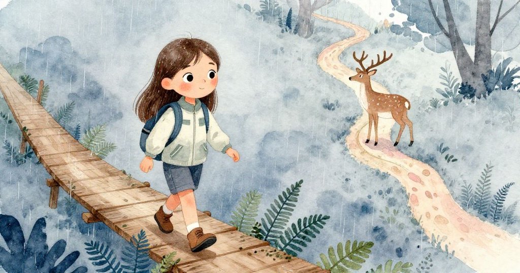 佐伊小心走過濕滑木橋，蕨類環繞中轉向蜿蜒鹿徑，神情集中迎面挑戰雨天。