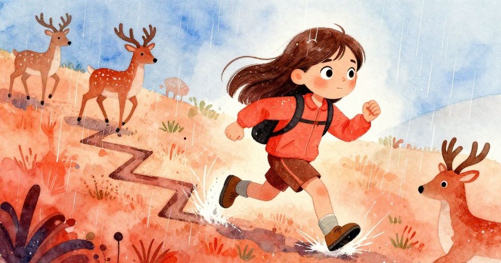 佐伊在急行鹿徑中奔跑，雨中步伐急促，臉上透露出緊迫與堅毅迎接變化。