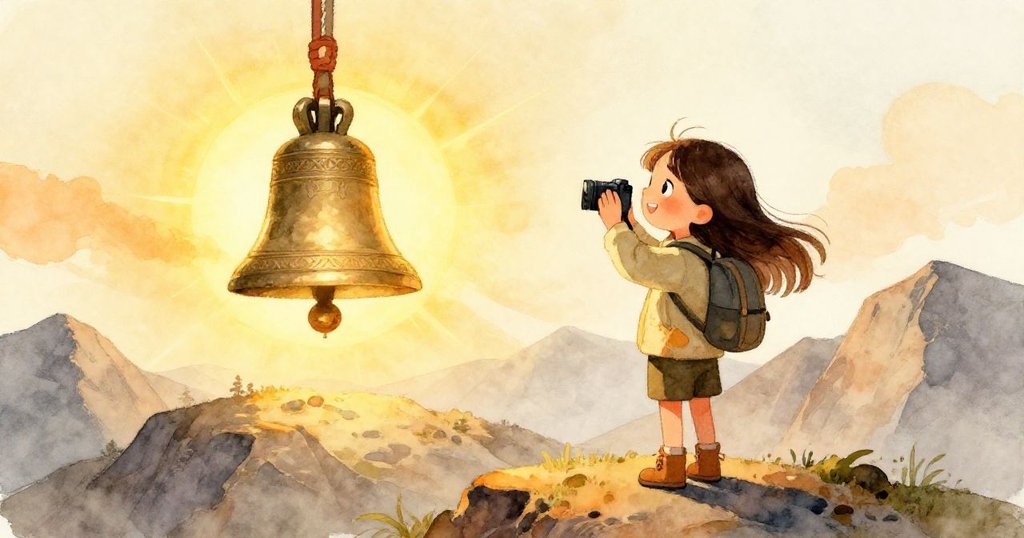 佐伊站在山脊上，陽光灑向閃著銅光的古鐘，她微笑按下相機，畫面寧靜滿懷成就感。