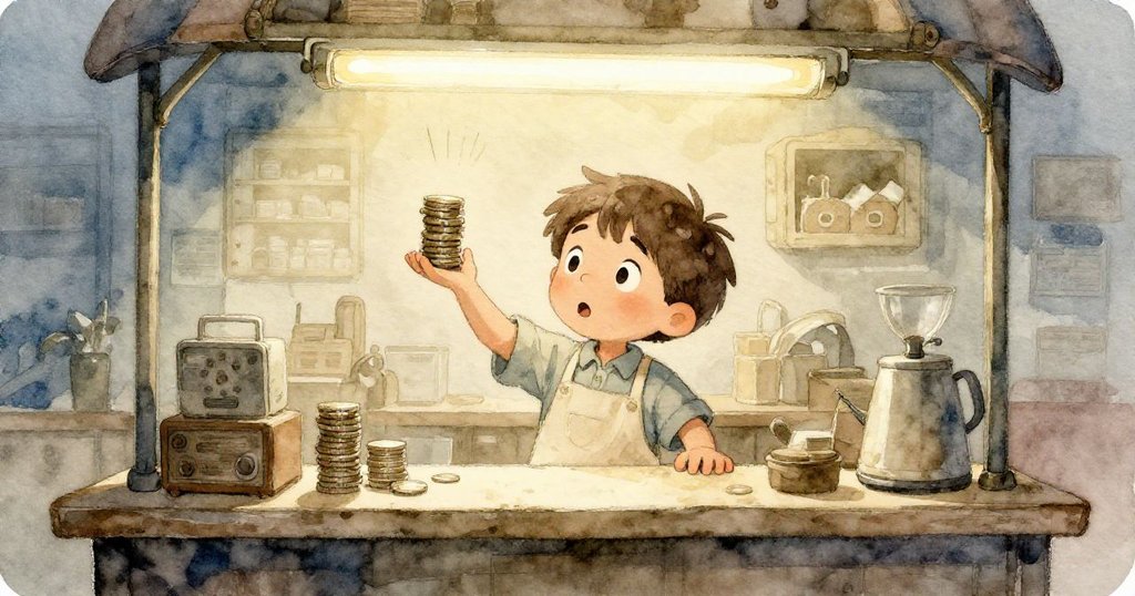 米洛在小市場櫃台前忙碌整理硬幣,背景有發光燈光與貨架,臉上帶著專注與期待。