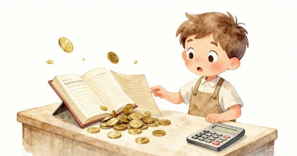 米洛驚訝伸手追逐滑落的計算機與滾動硬幣,市場櫃台留有空曠背景,透露出緊張與懸疑。