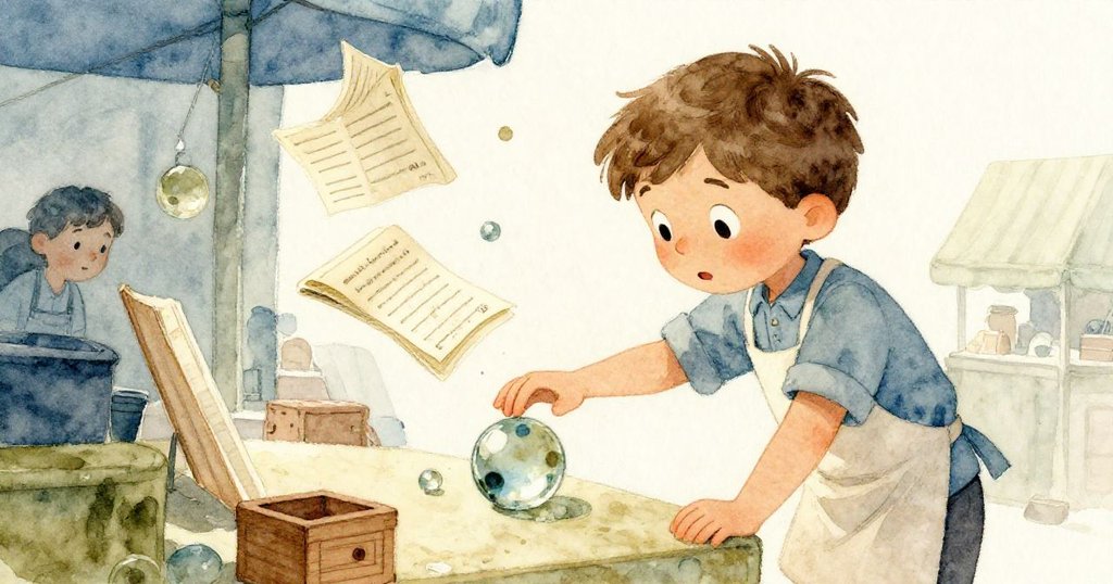 米洛蹲下抓住飛散的帳本,手觸碰到嵌有玻璃彈珠的櫃板,發現刻有神秘數字的小木塊,展示層次感。