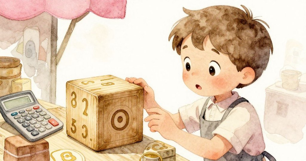 米洛在櫃台前仔細比對帳本與刻有數字的神秘木塊,室內溫暖柔和光線下帶有好奇與思索。