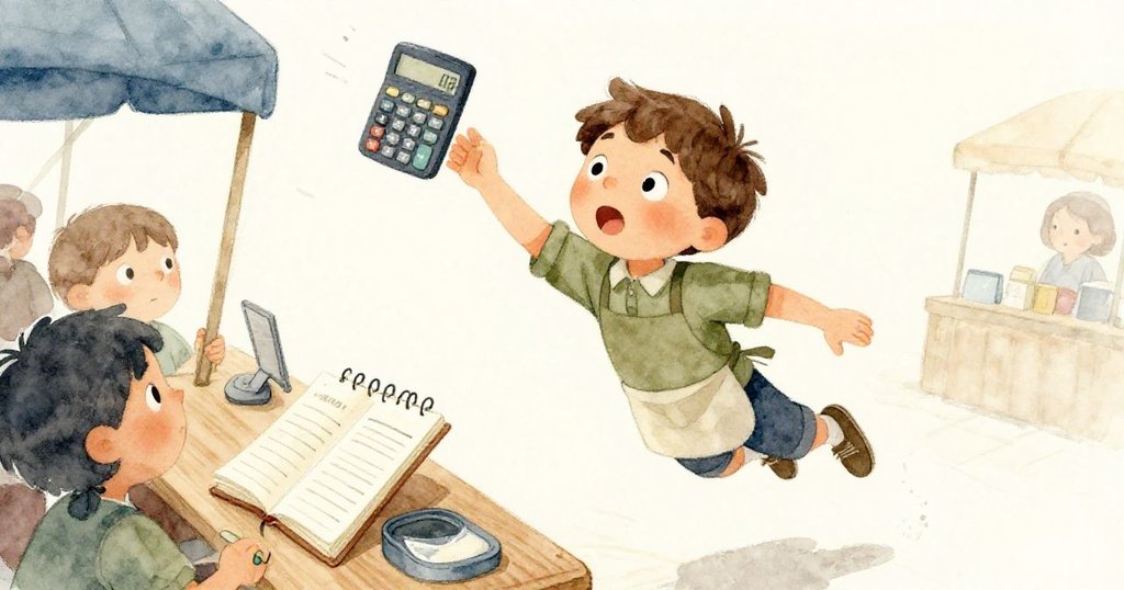 米洛急速跳躍伸手抓取滑動的計算機和帳本,臉上滿溢驚慌與決心,動感場面表現緊急瞬間。