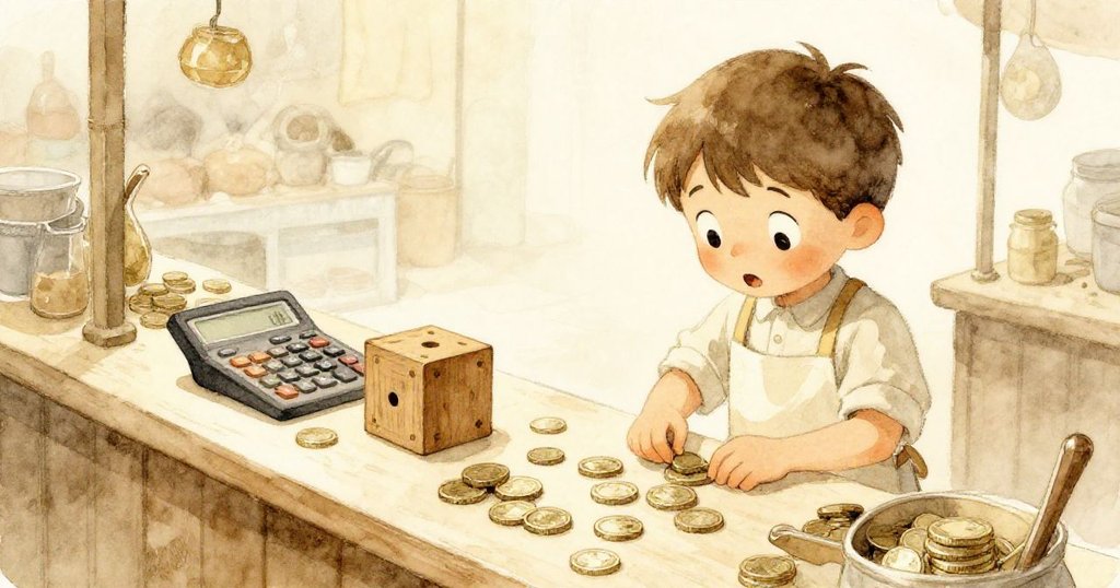 米洛在平靜的櫃台前低頭整理物件,計算機、神秘木塊與硬幣顯得微小卻完整,結局充滿沉靜與溫馨。