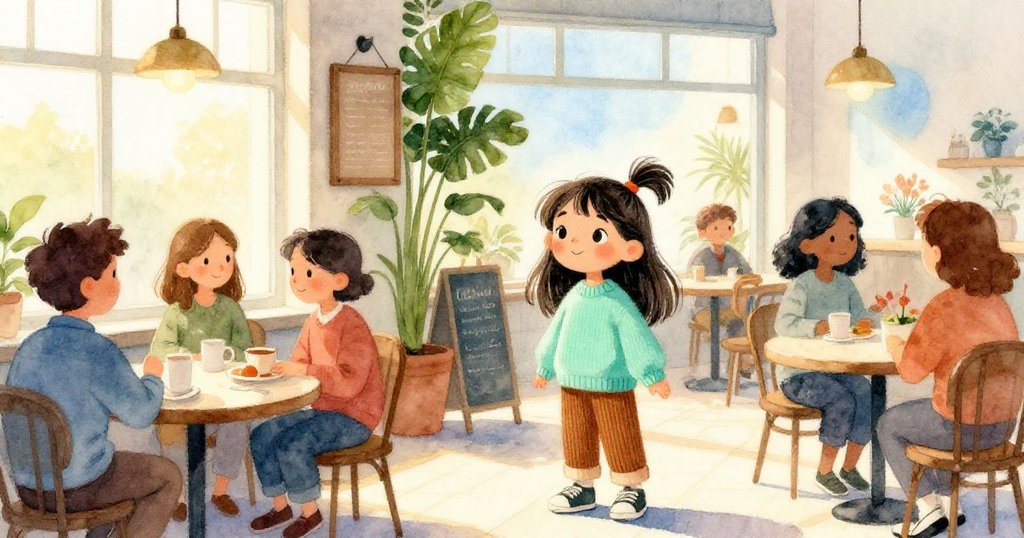 Mia站在熱鬧咖啡館中,周圍有許多笑臉的人群和溫暖的早晨陽光,植物輕輕遮掩著菜單,充滿好奇與期待。