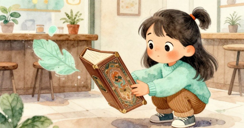 Mia小心翼翼地舉起一本舊書,她的手輕觸著書封,溫柔的光線下,背景的植物和咖啡館氛圍隱約可見。