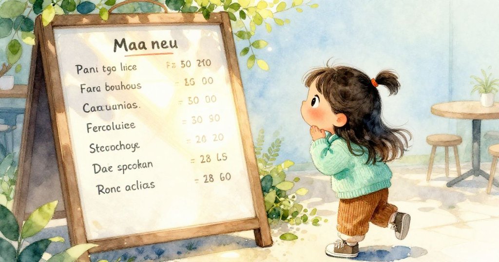 Mia注視著亮光映照下的菜單板,陽光透過樹葉散落,隱藏的字母逐漸清晰,她眼中流露出驚奇與欣喜。