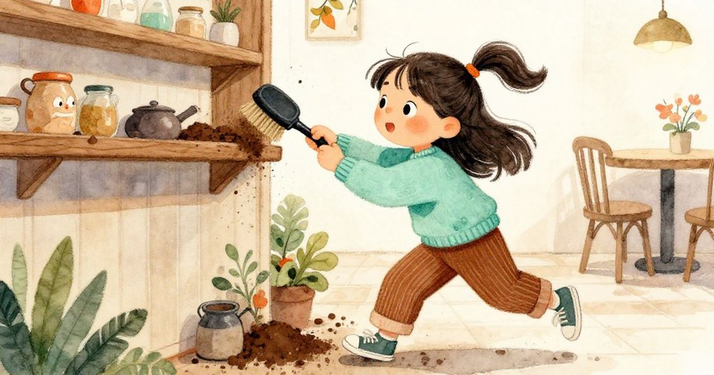 Mia在咖啡館的靜謐角落動作迅速地清除從傾斜花盆滾下的泥土,背景呈現溫暖木質質感,動作充滿緊張與專注。