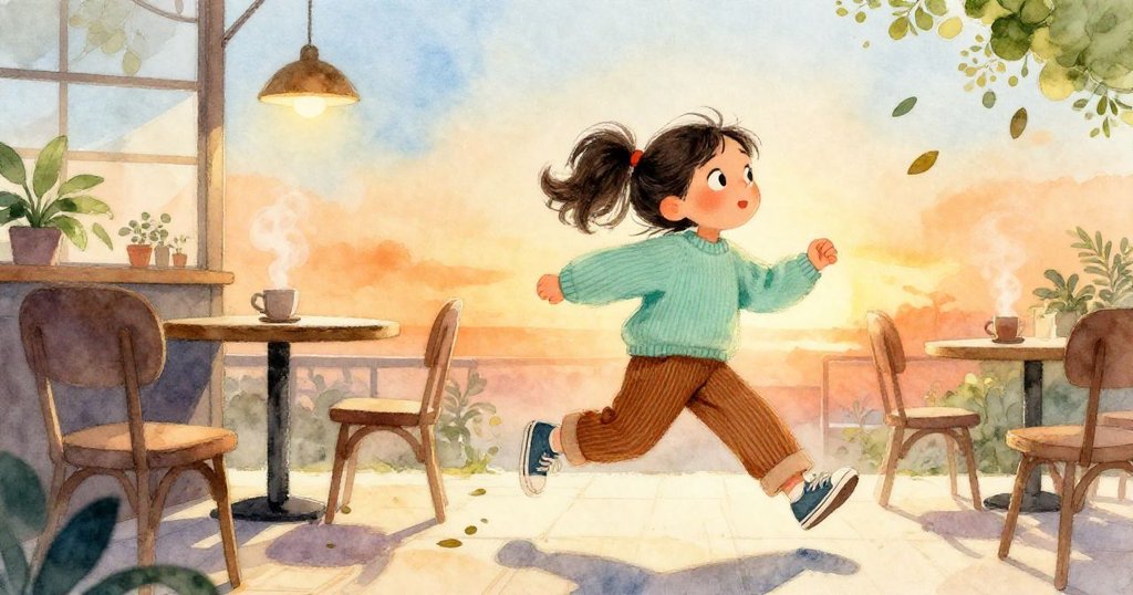 在咖啡館中,椅子刮地、樹葉飄落、咖啡蒸氣上升,Mia慢慢後退,臉上流露出驚喜與釋然,動態場景溫暖活潑。
