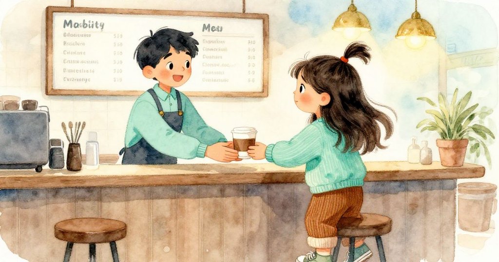 Mia在櫃台前收到友善咖啡師遞來的熱咖啡杯,背景中明亮菜單板展現清晰字樣,雙方眼神交流充滿感激與溫馨。