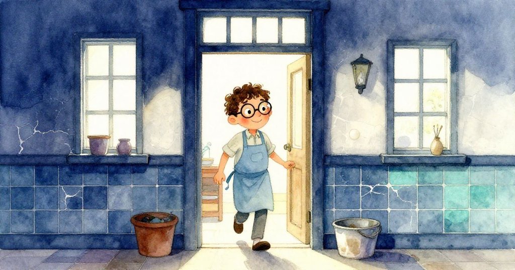 Leo踏入老廚房門口, 穿著藍圍裙, 背景高窗灑落溫暖光線, 表情期待，場景充滿懷舊氣息與柔和影子。