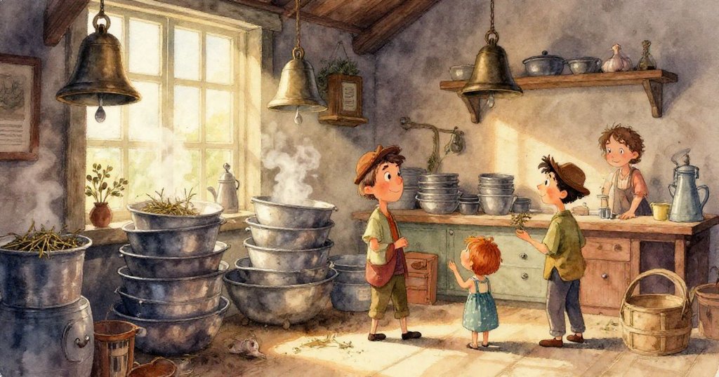 Leo的腳步踏在破碎瓷磚上, 古老日歷零散擺放, 調料瓶旁映出淡綠及珊瑚色調, 呈現懷舊細節。