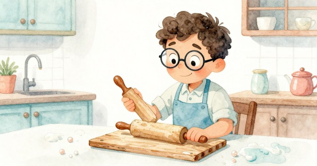 Leo低頭凝視桌上彎曲擀麵杖與年輪木板, 表情深思, 傳達重現奶奶記憶的溫情與創意。