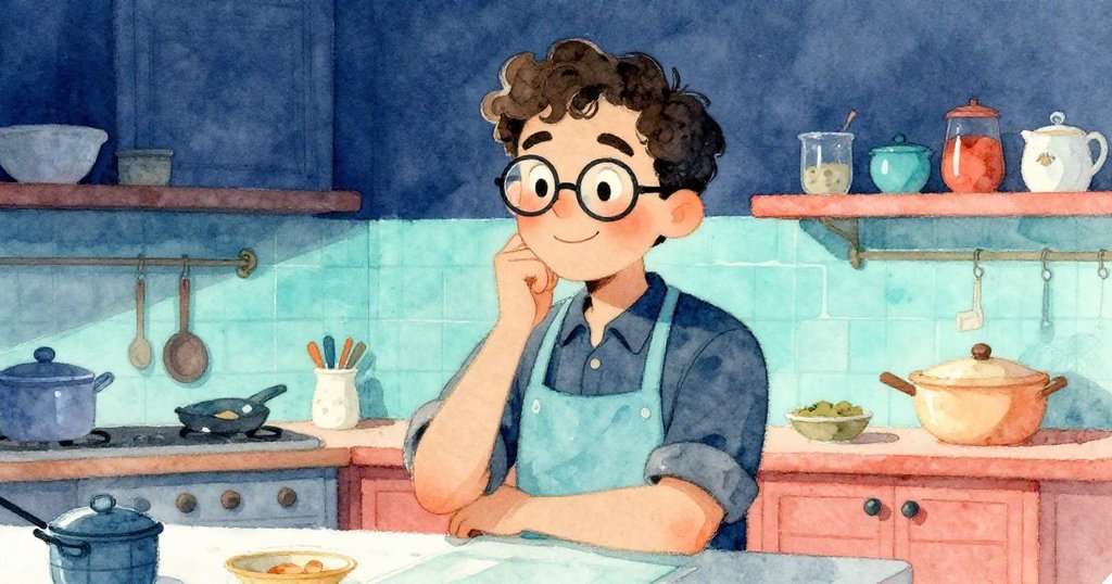 Leo在懷舊廚房中回憶奶奶街市美味, 畫面覆以深藍與珊瑚色調, 神情溫柔且滿懷感懷。