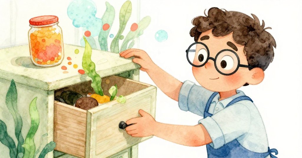 Leo專注搖晃頑固抽屜, 手中滾出明亮藏紅花罐, 珊瑚與綠色點綴, 表情堅定展現挑戰精神。