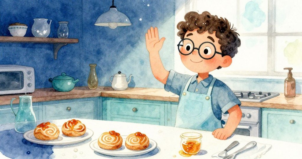 Leo完成點心製作後, 於懷舊廚房中向外揮手告別, 臉上滿是滿足笑容, 桌上金黃點心螺旋排列, 場景溫馨感人。