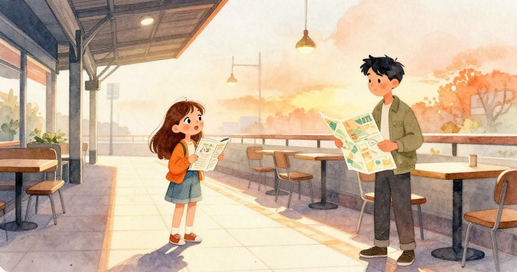 萊娜與馬庫斯走入午光斑駁的車站咖啡館，攜帶畫冊與地圖，神情期待，步伐有力。