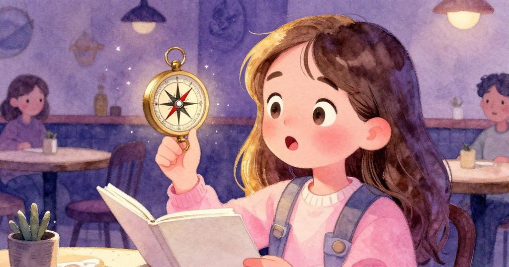 萊娜凝視轉動的指南針，臉上驚訝與滿足交織，背景模糊呈現咖啡館溫暖光影。