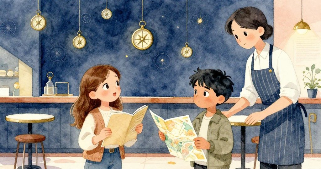 咖啡館內多層次景觀中，萊娜、馬庫斯與服務員活躍互動，指南針散落閃爍光芒，氛圍溫馨。