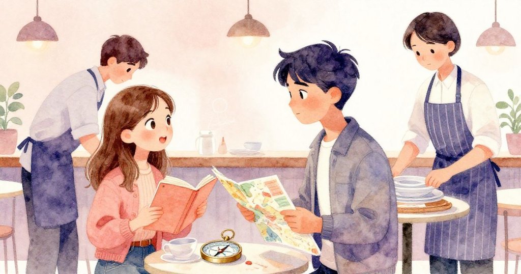 柔和回憶色調中，服務員焦急重新整理餐盤，陽光映照指南針，萊娜與馬庫斯目光交會，情感溫暖。