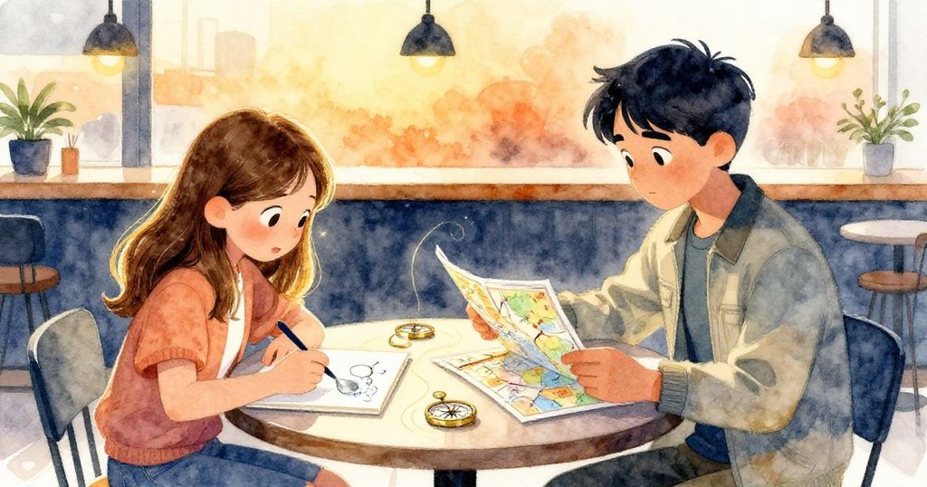 萊娜用湯匙描繪陽光路徑，馬庫斯手握地圖校正標誌，他們凝神決定，共創未來轉折時刻。