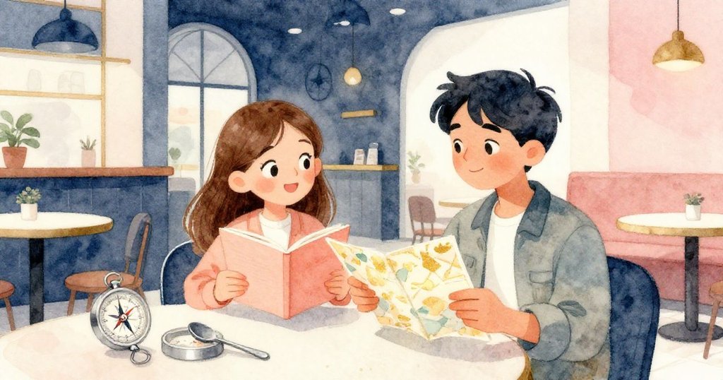 新餐盤上銀指南針與湯匙並列，咖啡館充滿希望，萊娜與馬庫斯迎向新旅程，心存期待。