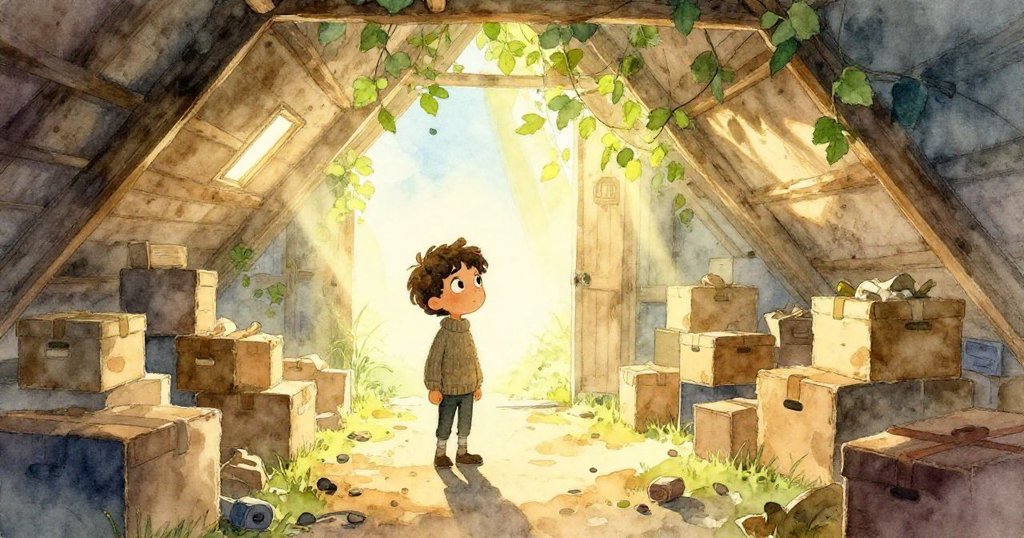 米洛在閣樓中蹲伏整理堆積箱子，陽光透過塵埃勾勒出他的剪影，故事悄然拉開序幕。