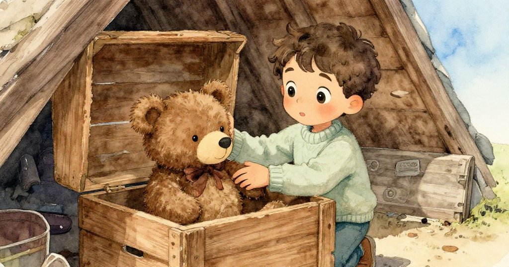 米洛小心翼翼將舊熊從破舊木箱中撥出，溫柔觸碰透露憶起過去珍貴情感，故事進入情感轉折。