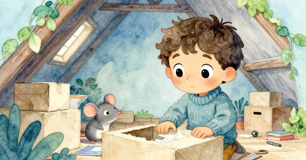 一隻小老鼠從箱堆中探出頭觀看米洛整理舊物，獨特視角使情境更添生動，敘事逐步展開。