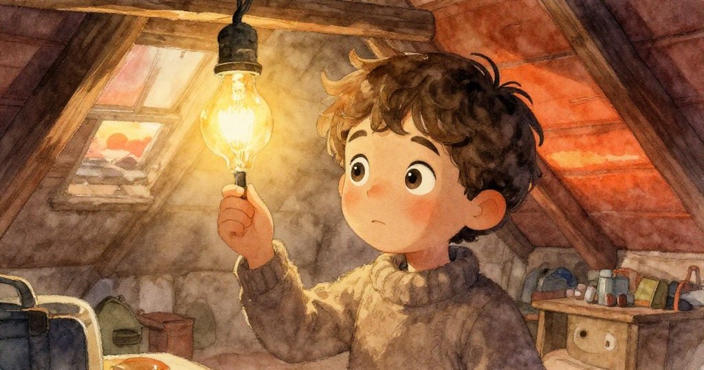 米洛凝視著閣樓中燈泡與日光交替的光影，專注神情映射著從挑戰到探索的迷人轉變。