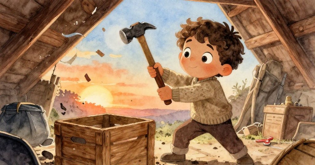 米洛揮錘敲擊木箱，書本與絲帶飛散，他驚訝中流露堅毅，情節達到劇烈高潮。