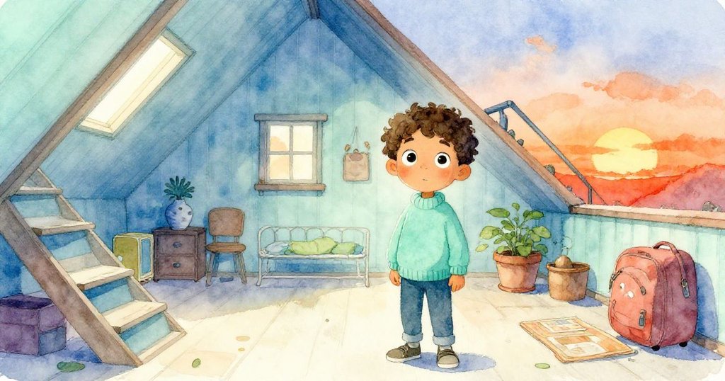 米洛整理書本形成明亮通道，站在樓梯前滿懷希望，故事最終走向圓滿與新開始。