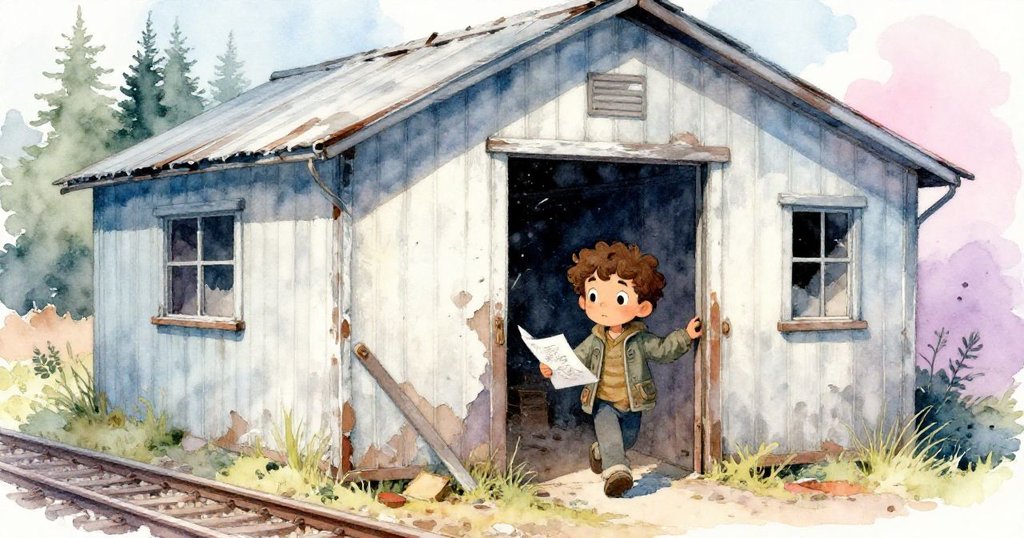 卡勒姆走向廢棄火車棚，手持摺疊畫稿，夕陽映照剝落牆面與塵埃，展現堅定探索之情。