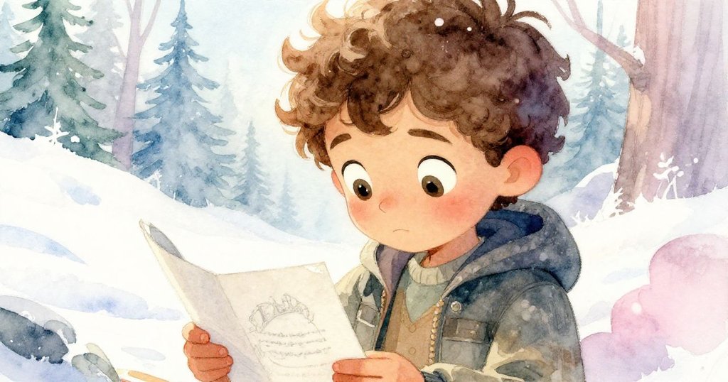 卡勒姆凝神觀看摺疊畫稿，眼神充滿好奇與堅定，溫暖塵光中細節盡現探索精神。