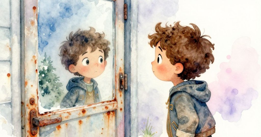 卡勒姆站在鏽跡滑門前，注視著鏡中映出充滿好奇與專注的自己，細節豐富。