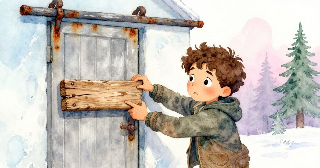 卡勒姆用破舊木板強撬鏽門，雙手緊抓工具展現堅定，火車棚背景透露歷史痕跡。