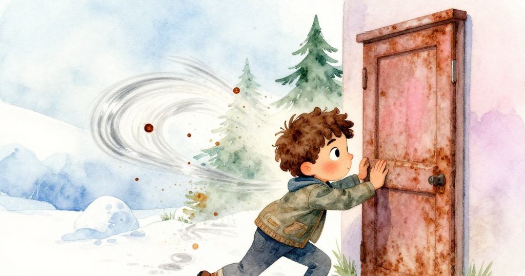 卡勒姆猛力推動生鏽滑門，金屬碎片與塵埃隨動作飛揚，畫面充滿緊張與期待。