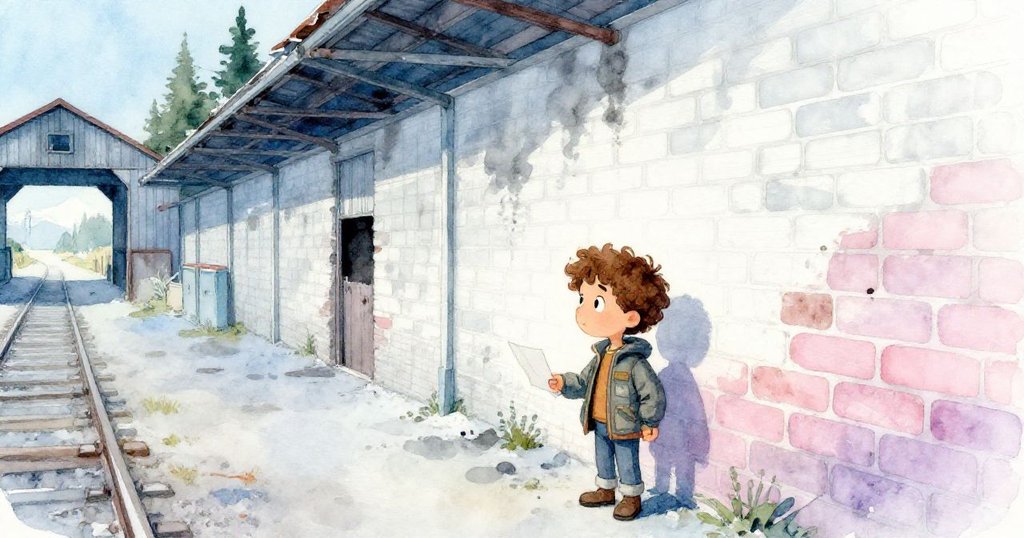 卡勒姆步入陰涼室內，手執筆記本觀察滿布煙痕與網格紋路的磚牆，探索隱含秘密。