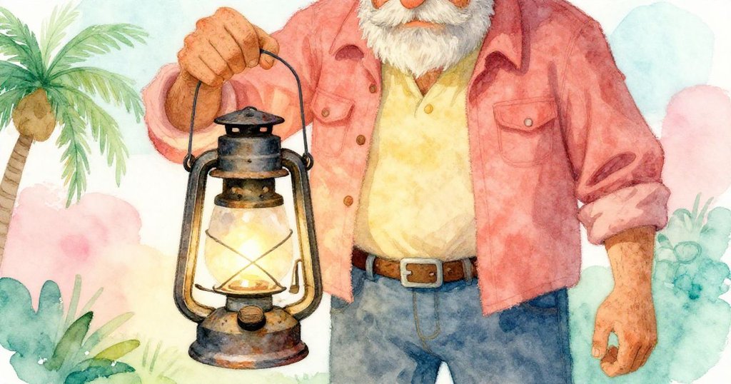 羅賓在昏暗作坊內專注處理老露營燈，手中工具觸碰生鏽燃油蓋，小油罐靜臥旁邊呈現故事發展